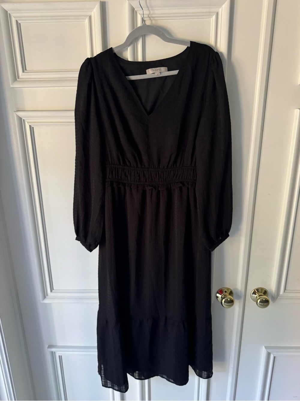 LOFT Black Long-Sleeve V-Neck Midi Dress